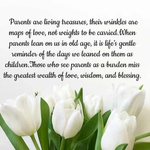 Quote by Tasneem Ara -  Parents are living treasures, their wrinkles are maps of love, not weights to be carried.When parents lean on us in old age, it is life’s gentle reminder of the days we leaned on them as children.Those who see parents as a burden miss the greatest wealth of love, wisdom, and blessing.

 - Made using Quotes Creator App, Post Maker App