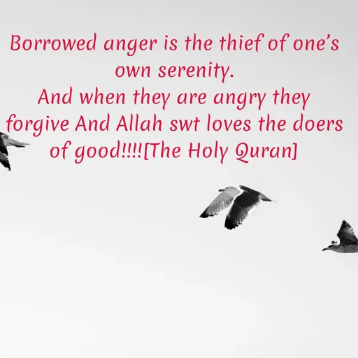 Quote by Tasneem Ara - Borrowed anger is the thief of one’s own serenity.
And when they are angry they forgive And Allah swt loves the doers of good!!!![The Holy Quran] - Made using Quotes Creator App, Post Maker App