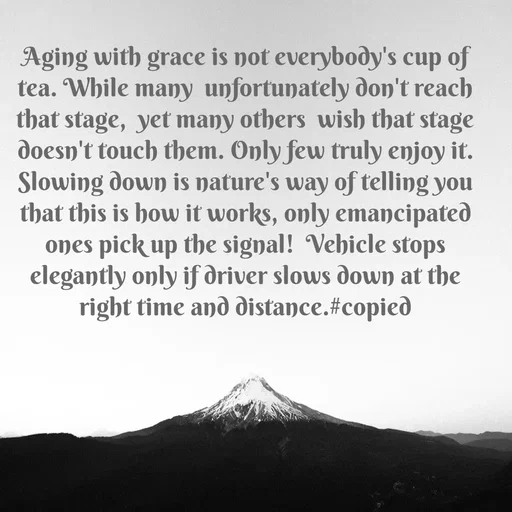 Quote by Tasneem Ara - Aging with grace is not everybody's cup of tea. While many  unfortunately don't reach that stage,  yet many others  wish that stage doesn't touch them. Only few truly enjoy it. Slowing down is nature's way of telling you that this is how it works, only emancipated ones pick up the signal!  Vehicle stops elegantly only if driver slows down at the right time and distance.#copied - Made using Quotes Creator App, Post Maker App