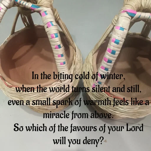 Quote by Tasneem Ara - In the biting cold of winter,
when the world turns silent and still,
even a small spark of warmth feels like a miracle from above.
So which of the favours of your Lord will you deny? - Made using Quotes Creator App, Post Maker App