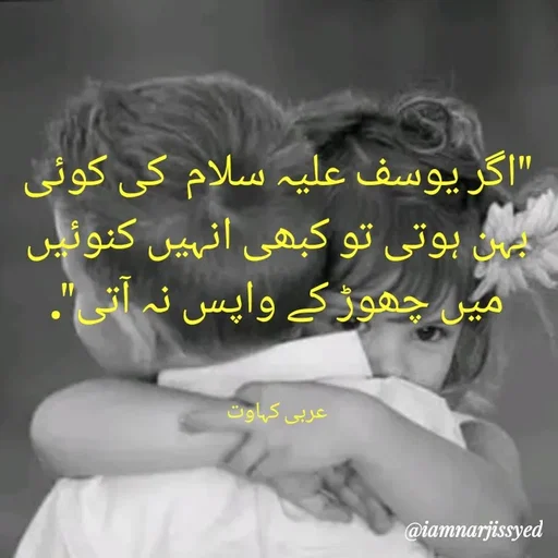 Quote by Narjis Syed - ‏"اگر یوسف علیہ سلام  کی کوئی بہن ہوتی تو کبھی انہیں کنوئیں میں چھوڑ کے واپس نہ آتی".


عربی کہاوت - Made using Quotes Creator App, Post Maker App