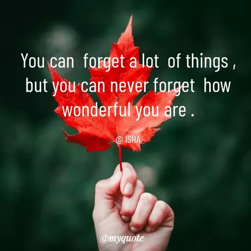 Quote by Isha Saini - You can  forget a lot  of things , but you can never forget  how wonderful you are .

@ ISHA - Made using Quotes Creator App, Post Maker App