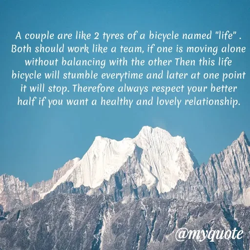 Quote by Nayantara - A couple are like 2 tyres of a bicycle named "life" . Both should work like a team, if one is moving alone without balancing with the other Then this life bicycle will stumble everytime and later at one point it will stop. Therefore always respect your better half if you want a healthy and lovely relationship. - Made using Quotes Creator App, Post Maker App