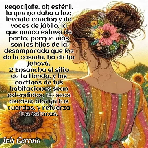 Quote by Ivis Cerrato - Regocíjate, oh estéril, la que no daba a luz; levanta canción y da voces de júbilo, la que nunca estuvo de parto; porque más son los hijos de la desamparada que los de la casada, ha dicho Jehová.
2 Ensancha el sitio de tu tienda, y las cortinas de tus habitaciones sean extendidas; no seas escasa; alarga tus cuerdas, y refuerza tus estacas. - Made using Quotes Creator App, Post Maker App