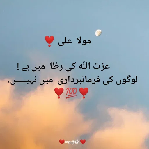 Quote by Naik - 

    مولا  علی ❣️

         عزت اللَّه کی رظا  میں ہے ! 
لوگوں کی فرمانبرداری  میں نہیـــــں. 
❣️💯❣️ - Made using Quotes Creator App, Post Maker App