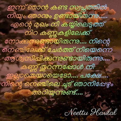 Quote by Neettu Harilal - ഇന്ന് ഞാൻ കണ്ട സ്വപ്നത്തിൽ നീയും ഞാനും ഉണ്ടായിരുന്നു..... എന്റെ മുഖം നീ കയ്യിലെടുത്ത് നിറ കണ്ണുകളിലേക്ക് നോക്കുന്നുണ്ടായിരുന്നു.... നിന്റെ നെഞ്ചിലേക്ക് ചേർത്ത് നീയെന്നെ ആശ്വസിപ്പിക്കുന്നുണ്ടായിരുന്നു.... കണ്ണ് തുറന്നപ്പോൾ നീ ഇല്ലാതെയായെടോ.... പക്ഷേ.... നിന്റെ നെഞ്ചിലെ ചൂട് ഞാനിപ്പേഴും അറിയുന്നുണ്ട്.... - Made using Quotes Creator App, Post Maker App