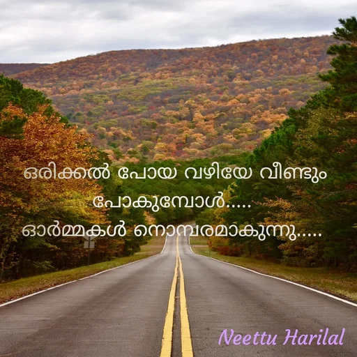 Quote by Neettu Harilal - ഒരിക്കൽ പോയ വഴിയേ വീണ്ടും പോകുമ്പോൾ..... 
ഓർമ്മകൾ നൊമ്പരമാകുന്നു.....  - Made using Quotes Creator App, Post Maker App