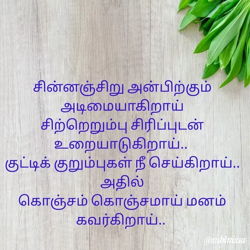 Quote by subinissa - சின்னஞ்சிறு அன்பிற்கும் அடிமையாகிறாய்
சிற்றெறும்பு சிரிப்புடன் உறையாடுகிறாய்.. 
குட்டிக் குறும்புகள் நீ செய்கிறாய்.. அதில்
கொஞ்சம் கொஞ்சமாய் மனம் கவர்கிறாய்.. 

 - Made using Quotes Creator App, Post Maker App