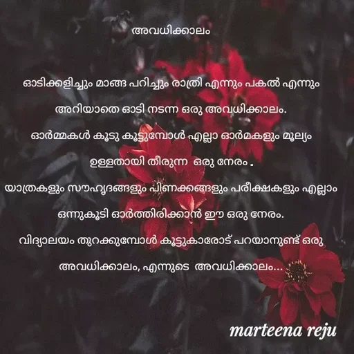 Quote by lissy reju - അവധിക്കാലം

ഓടിക്കളിച്ചും മാങ്ങ പറിച്ചും രാത്രി എന്നും പകൽ എന്നും അറിയാതെ ഓടി നടന്ന ഒരു അവധിക്കാലം.
ഓർമ്മകൾ കൂടു കൂട്ടുമ്പോൾ എല്ലാ ഓർമകളും മൂല്യം   ഉള്ളതായി തീരുന്ന  ഒരു നേരം .
യാത്രകളും സൗഹൃദങ്ങളും പിണക്കങ്ങളും പരീക്ഷകളും എല്ലാം ഒന്നുകൂടി ഓർത്തിരിക്കാൻ ഈ ഒരു നേരം.
വിദ്യാലയം തുറക്കുമ്പോൾ കൂട്ടുകാരോട് പറയാനുണ്ട് ഒരു അവധിക്കാലം, എന്നുടെ  അവധിക്കാലം... - Made using Quotes Creator App, Post Maker App