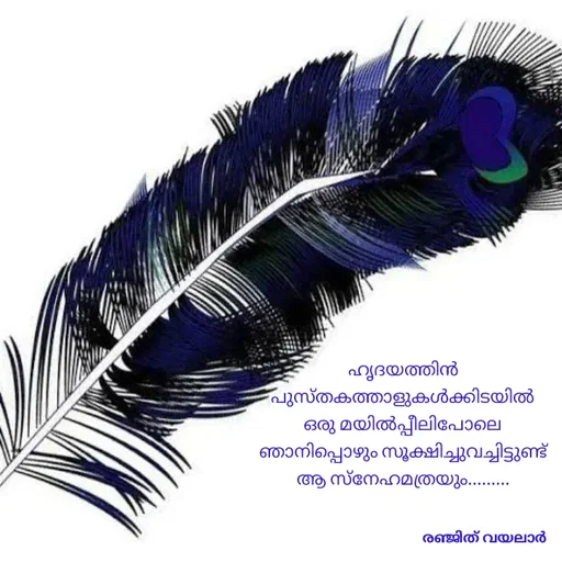 Quote by RENJITH VAYALAR - ഹൃദയത്തിൻ പുസ്തകത്താളുകൾക്കിടയിൽ ഒരു മയിൽപ്പീലിപോലെ ഞാനിപ്പൊഴും സൂക്ഷിച്ചുവച്ചിട്ടുണ്ട് ആ സ്നേഹമത്രയും......... - Made using Quotes Creator App, Post Maker App