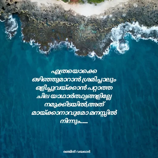 Quote by RENJITH VAYALAR - എത്രയൊക്കെ ഒഴിഞ്ഞുമാറാൻ ശ്രമിച്ചാലും ഒളിച്ചുവയ്ക്കാൻ പറ്റാത്ത ചില യാഥാർത്ഥ്യങ്ങളില്ലേ നമുക്കിടയിൽ,അത് മായ്ക്കാനാവുമോ മനസ്സിൽ നിന്നും....... - Made using Quotes Creator App, Post Maker App