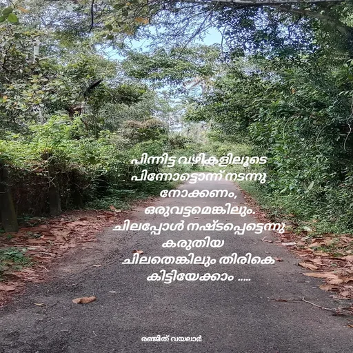 Quote by RENJITH VAYALAR - പിന്നിട്ട വഴികളിലൂടെ പിന്നോട്ടൊന്ന് നടന്നു  നോക്കണം,
 ഒരുവട്ടമെങ്കിലും. ചിലപ്പോൾ നഷ്ടപ്പെട്ടെന്നു  കരുതിയ     
ചിലതെങ്കിലും തിരികെ കിട്ടിയേക്കാം  ..... - Made using Quotes Creator App, Post Maker App
