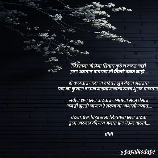 Quote by Payal Kodape - लिहताना मी प्रेमा शिवाय कुठे च वळत नाही 
इतर असतात वाट पण मी तिकडे वळत नाही....

हो कळतात मला या वाटेवर खुप वेदना असतात 
पण का कुणास ठाऊक माझ्या मनाला त्याच भुरळ घालतात..

नवीन क्षण छान वाटतात जगताना मला प्रेमात 
मन ही झूरतो ना मग रे सख्या या आभासी जगात....

वेदना, प्रेम, विहर मला लिहताना छान वाटतो 
तुला आठवल की मग मनात प्रेम येऊन दाटतो....

प्रीती - Made using Quotes Creator App, Post Maker App