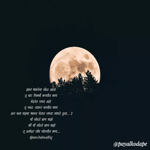 Quote by Payal Kodape - झालं भावनेचा खेळ आता 
तू वाट रिकामी करशील काय 
वेदनेत जगत आहे 
तू स्वतः जाऊन मरशील काय 
अन मला माझ्या भावना येतात जपता सांगते तुला... 2
मी सोडते प्राण माझे
 की मी सोडते प्राण माझे 
तू अगोदर जीव सोडशील काय....
@anchahealfaj 
 - Made using Quotes Creator App, Post Maker App