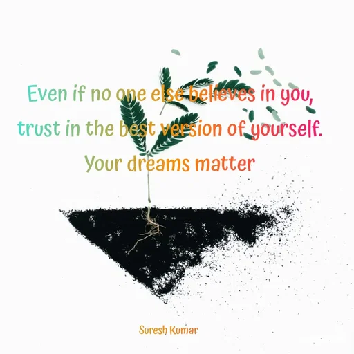 Quote by Suresh Raina - Even if no one else believes in you, trust in the best version of yourself. Your dreams matter





Suresh Kumar  - Made using Quotes Creator App, Post Maker App