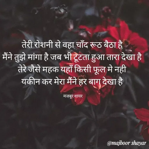 Quote by majbur shayr - तेरी रोशनी से वहा चाँद रूठ बैठा है 
मैंने तुझे मांगा है जब भी टूटता हुआ तारा देखा है 
तेरे जैसे महक यहाँ किसी फूल मे नही 
यकीन कर मेरा मैंने हर बाग देखा है 

मजबूर शायर - Made using Quotes Creator App, Post Maker App
