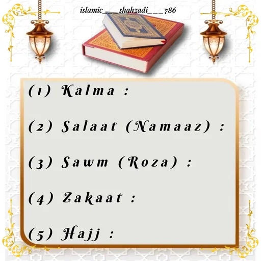 Quote by islamic___shahzadi___786 - 

(1) Kalma :

(2) Salaat (Namaaz) :

(3) Sawm (Roza) :

(4) Zakaat :

(5) Hajj :

 - Made using Quotes Creator App, Post Maker App