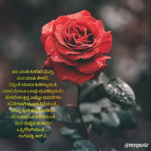 Quote by Gangothri R V - ಹಠ ಮಾಡಿ ಕುಳಿತಿದೆ ಮುಗ್ಧ,
ಮನ ಮಾತು ಕೇಳದೆ..
ನಿನ್ನಂತೆ ಯಾರೂ ಹಿಡಿಸಿಲ್ಲವಂತೆ,
ಯಾರ ಮೇಲೂ ಒಲವು ಮೂಡಿಲ್ಲವಂತೆ,!
ಹೇಳಬೇಕಂತ್ತಿದ್ದ ಎಷ್ಟೋ ಭಾವನೆಗಳು
ಕವಿತೆಗಳಾಗಿ ಮೂಡುತಿವೆಯಂತೆ..,
ಹುಚ್ಚು ಪ್ರೀತಿ ಹಚ್ಚಿಕೊಂಡಿರೊ 
ಮನ ಕಾಯುತ ಕುಳಿತಿಯಂತೆ
ಮನ ಮೆಚ್ಚಿದ ಹುಡುಗನ
ಒಪ್ಪಿಗೆಗಾಗಿಯಂತೆ.‌....
ಗಂಗೋತ್ರಿ.ಆರ್ ವಿ. - Made using Quotes Creator App, Post Maker App