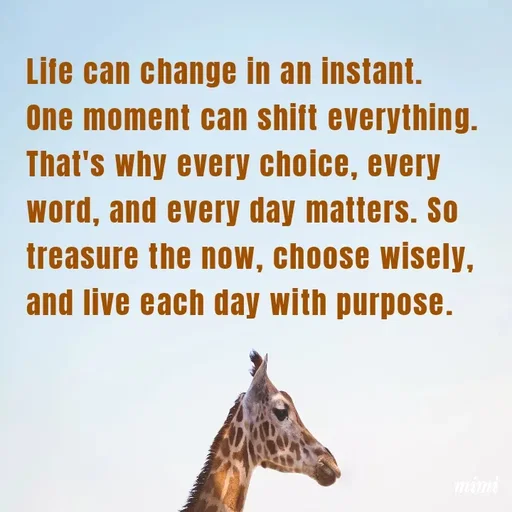 Quote by Mimi Mens - Life can change in an instant. One moment can shift everything. That's why every choice, every word, and every day matters. So treasure the now, choose wisely, and live each day with purpose. - Made using Quotes Creator App, Post Maker App