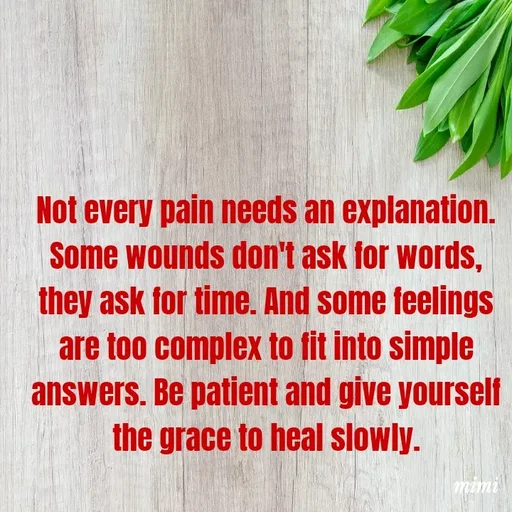 Quote by Mimi Mens - Not every pain needs an explanation. Some wounds don't ask for words, they ask for time. And some feelings are too complex to fit into simple answers. Be patient and give yourself the grace to heal slowly. - Made using Quotes Creator App, Post Maker App