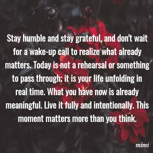 Quote by Mimi Mens - Stay humble and stay grateful, and don't wait for a wake-up call to realize what already matters. Today is not a rehearsal or something to pass through; it is your life unfolding in real time. What you have now is already meaningful. Live it fully and intentionally. This moment matters more than you think. - Made using Quotes Creator App, Post Maker App