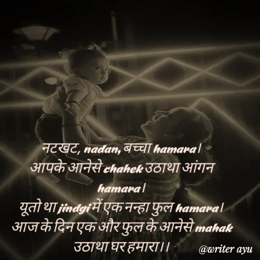 Quote by writer_ayu - नटखट, nadan, बच्चा hamara।
आपके आनेसे chahek उठाथा आंगन hamara।
यूतो था jindgi में एक नन्हा फुल hamara।
आज के दिन एक और फुल के आनेसे mahak उठाथा घर हमारा।। - Made using Quotes Creator App, Post Maker App