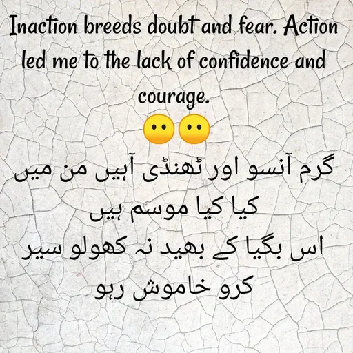 Quote by Naieem Qureshi ☑️ - Inaction breeds doubt and fear. Action led me to the lack of confidence and courage.
 😶😶
گرم آنسو اور ٹھنڈی آہیں من میں کیا کیا موسم ہیں
اس بگیا کے بھید نہ کھولو سیر کرو خاموش رہو



N-Q - Made using Quotes Creator App, Post Maker App