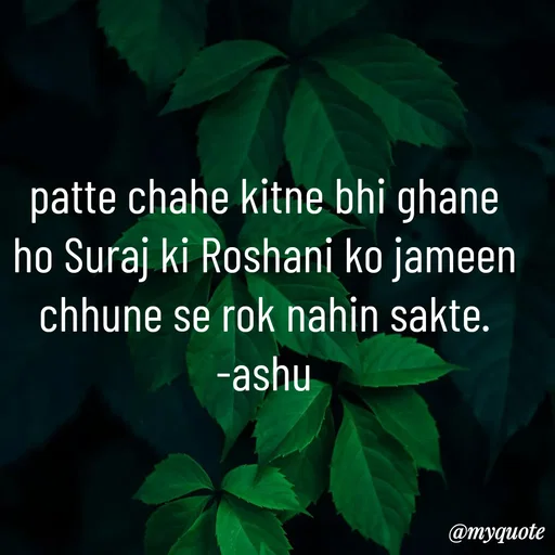 Quote by Haseena Kote - patte chahe kitne bhi ghane ho Suraj ki Roshani ko jameen chhune se rok nahin sakte.
-ashu - Made using Quotes Creator App, Post Maker App