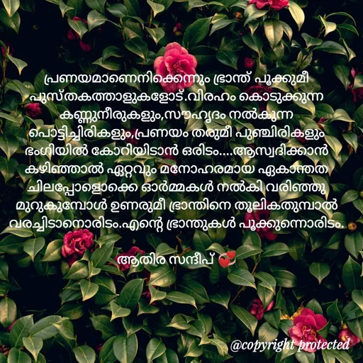 Quote by Athira Sandeep - പ്രണയമാണെനിക്കെന്നും ഭ്രാന്ത് പൂക്കുമീ പുസ്തകത്താളുകളോട്.വിരഹം കൊടുക്കുന്ന കണ്ണുനീരുകളും,സൗഹൃദം നൽകുന്ന പൊട്ടിച്ചിരികളും,പ്രണയം തരുമീ പുഞ്ചിരികളും ഭംഗിയിൽ കോറിയിടാൻ ഒരിടം....ആസ്വദിക്കാൻ കഴിഞ്ഞാൽ ഏറ്റവും മനോഹരമായ ഏകാന്തത ചിലപ്പോളൊക്കെ ഓർമ്മകൾ നൽകി വരിഞ്ഞു മുറുകുമ്പോൾ ഉണരുമീ ഭ്രാന്തിനെ തൂലികതുമ്പാൽ വരച്ചിടാനൊരിടം.എന്റെ ഭ്രാന്തുകൾ പൂക്കുന്നൊരിടം.

ആതിര സന്ദീപ് 💞 - Made using Quotes Creator App, Post Maker App