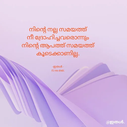 Quote by Shabeena P S - നിന്റെ നല്ല സമയത്ത്
നീ ദ്രോഹിച്ചവരൊന്നും
നിന്റെ ആപത്ത് സമയത്ത്
കൂടെക്കാണില്ല.


-ഇതൾ -
it'z me shebi. - Made using Quotes Creator App, Post Maker App
