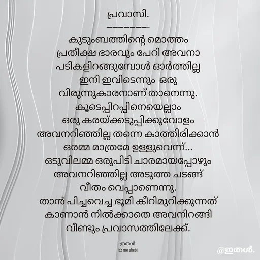 Quote by Shabeena P S - പ്രവാസി.
---------------
കുടുംബത്തിന്റെ മൊത്തം
പ്രതീക്ഷ ഭാരവും പേറി അവനാ
പടികളിറങ്ങുമ്പോൾ ഓർത്തില്ല
ഇനി ഇവിടെന്നും  ഒരു
വിരുന്നുകാരനാണ് താനെന്നു.
കൂടെപ്പിറപ്പിനെയെല്ലാം
ഒരു കരയ്ക്കടുപ്പിക്കുവോളം
അവനറിഞ്ഞില്ല തന്നെ കാത്തിരിക്കാൻ
ഒരമ്മ മാത്രമേ ഉള്ളുവെന്ന്...
ഒടുവിലമ്മ ഒരുപിടി ചാരമായപ്പോഴും
അവനറിഞ്ഞില്ല അടുത്ത ചടങ്ങ്
വീതം വെപ്പാണെന്നു.
താൻ പിച്ചവെച്ച ഭൂമി കീറിമുറിക്കുന്നത്
കാണാൻ നിൽക്കാതെ അവനിറങ്ങി
വീണ്ടും പ്രവാസത്തിലേക്ക്.

-ഇതൾ -
it'z me shebi. - Made using Quotes Creator App, Post Maker App