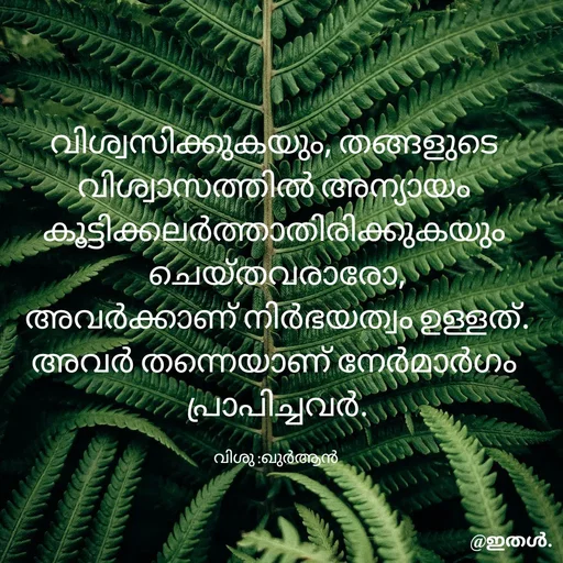 Quote by Shabeena P S - വിശ്വസിക്കുകയും, തങ്ങളുടെ 
വിശ്വാസത്തിൽ അന്യായം 
കൂട്ടിക്കലർത്താതിരിക്കുകയും 
ചെയ്തവരാരോ,
അവർക്കാണ് നിർഭയത്വം ഉള്ളത്.
അവർ തന്നെയാണ് നേർമാർഗം 
പ്രാപിച്ചവർ.

വിശു :ഖുർആൻ  - Made using Quotes Creator App, Post Maker App