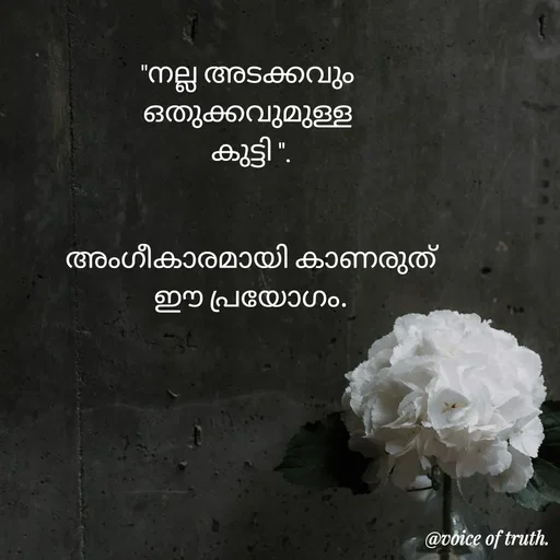 Quote by Shabeena P S - "നല്ല അടക്കവും 
ഒതുക്കവുമുള്ള 
കുട്ടി ".


അംഗീകാരമായി കാണരുത്
ഈ പ്രയോഗം. - Made using Quotes Creator App, Post Maker App