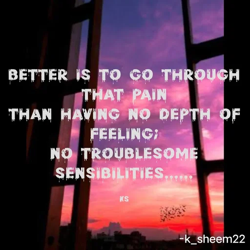 Quote by Khan Sheema - Better is to go through that pain
than having no depth of feeling;
no troublesome sensibilities......

KS - Made using Quotes Creator App, Post Maker App