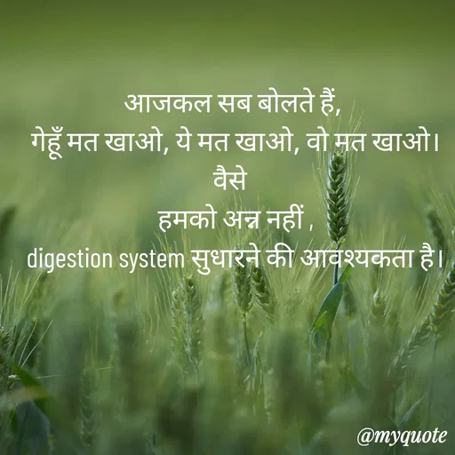 Quote by Anju - आजकल सब बोलते हैं,
 गेहूँ मत खाओ, ये मत खाओ, वो मत खाओ।
वैसे 
 हमको अन्न नहीं ,
 digestion system सुधारने की आवश्यकता है।


 - Made using Quotes Creator App, Post Maker App