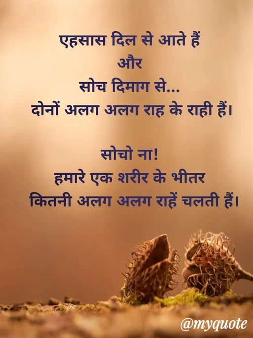 Quote by Anju - एहसास दिल से आते हैं 
और 
सोच दिमाग से... 
दोनों अलग अलग राह के राही हैं।

सोचो ना! 
हमारे एक शरीर के भीतर 
 कितनी अलग अलग राहें चलती हैं। - Made using Quotes Creator App, Post Maker App