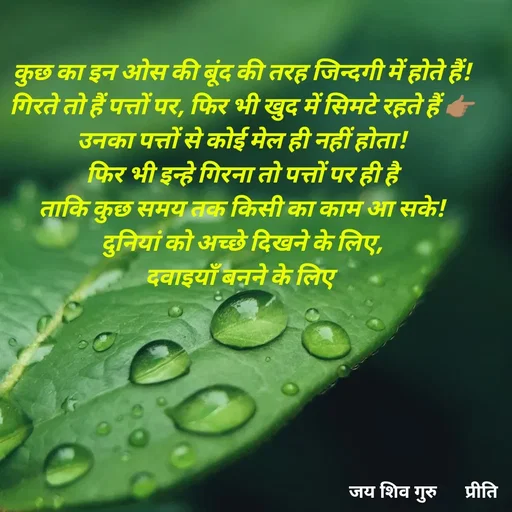 Quote by Pk singh - कुछ का इन ओस की बूंद की तरह जिन्दगी में होते हैं!
गिरते तो हैं पत्तों पर, फिर भी खुद में सिमटे रहते हैं 👉🏽
उनका पत्तों से कोई मेल ही नहीं होता!
फिर भी इन्हे गिरना तो पत्तों पर ही है
ताकि कुछ समय तक किसी का काम आ सके!
दुनियां को अच्छे दिखने के लिए,
दवाइयाँ बनने के लिए  - Made using Quotes Creator App, Post Maker App