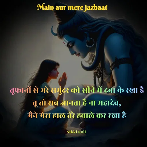 Quote by Nikki koli - तूफानों से भरे समुंदर को सीने में दबा के रखा है
तू तो सब जानता है ना महादेव,
मैने मेरा हाल तेरे हवाले कर रखा है

Nikki Koli  - Made using Quotes Creator App, Post Maker App