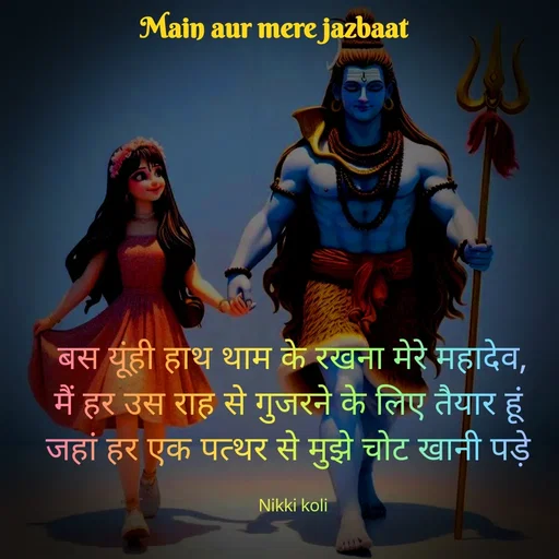 Quote by Nikki koli - बस यूंही हाथ थाम के रखना मेरे महादेव,
मैं हर उस राह से गुजरने के लिए तैयार हूं 
जहां हर एक पत्थर से मुझे चोट खानी पड़े 

Nikki koli - Made using Quotes Creator App, Post Maker App