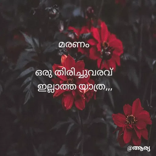 Quote by Arya Remanan - മരണം 

ഒരു തിരിച്ചുവരവ് 
ഇല്ലാത്ത യാത്ര,,,വാചകം മാറ്റാൻ ഇരട്ട ടാപ്പുചെയ്യുക. - Made using Quotes Creator App, Post Maker App