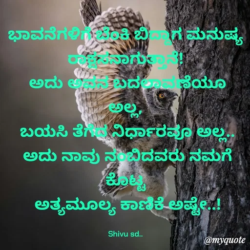 Quote by Laxman Dalavayi - ಭಾವನೆಗಳಿಗೆ ಬೆಂಕಿ ಬಿದ್ದಾಗ ಮನುಷ್ಯ ರಾಕ್ಷಸನಾಗುತ್ತಾನೆ!
 ಅದು ಅವನ ಬದಲಾವಣೆಯೂ ಅಲ್ಲ,
 ಬಯಸಿ ತೆಗೆದ ನಿರ್ಧಾರವೂ ಅಲ್ಲ..
 ಅದು ನಾವು ನಂಬಿದವರು ನಮಗೆ ಕೊಟ್ಟ
 ಅತ್ಯಮೂಲ್ಯ ಕಾಣಿಕೆ ಅಷ್ಟೇ..!

Shivu sd.. - Made using Quotes Creator App, Post Maker App