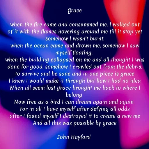 Quote by John Hayford - Grace

when the fire came and consummed me. I walked out of it with the flames hovering around me till it stop yet somehow I wasn't burnt.
when the ocean came and drown me, somehow I saw myself floating. 
when the building collapsed on me and all thought I was done for good, somehow I crawled out from the debris. to survive and be sane and in one piece is grace
I knew I would make it through but how I had no idea
When all seem lost grace brought me back to where I belong 
Now free as a bird I can dream again and again 
For in all I have myself after defying all odds
after I found myself I destroyed it to create a new me
And all this was possible by grace

John Hayford  - Made using Quotes Creator App, Post Maker App