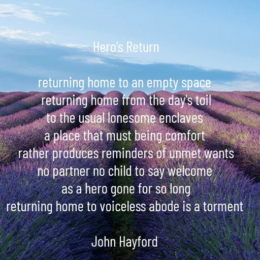 Quote by John Hayford - Hero's Return

returning home to an empty space 
returning home from the day's toil
to the usual lonesome enclaves 
a place that must being comfort 
rather produces reminders of unmet wants
no partner no child to say welcome 
as a hero gone for so long
returning home to voiceless abode is a torment 

John Hayford  - Made using Quotes Creator App, Post Maker App