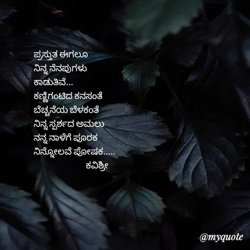 Quote by Ashoka Vishwanath - ಪ್ರಸ್ತುತ ಈಗಲೂ
ನಿನ್ನ ನೆನಪುಗಳು
ಕಾಡುತಿವೆ...
ಕಣ್ಣಿಗಂಟಿದ ಕನಸಂತೆ 
ಬೆಚ್ಚನೆಯ ಬೆಳಕಂತೆ 
ನಿನ್ನ ಸ್ಪರ್ಶದ ಅಮಲು
ನನ್ನ ನಾಳೆಗೆ ಪೂರಕ
ನಿನ್ನೋಲವೆ ಪೋಷಕ.....
                              ಕವಿಶ್ರೀ  - Made using Quotes Creator App, Post Maker App