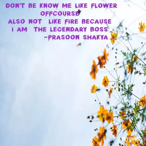 Quote by legendary boss - don't be know me like flower offcourse 
also not  like fire because 
i am  the legendary boss 
          -Prasoon Shakya  - Made using Quotes Creator App, Post Maker App