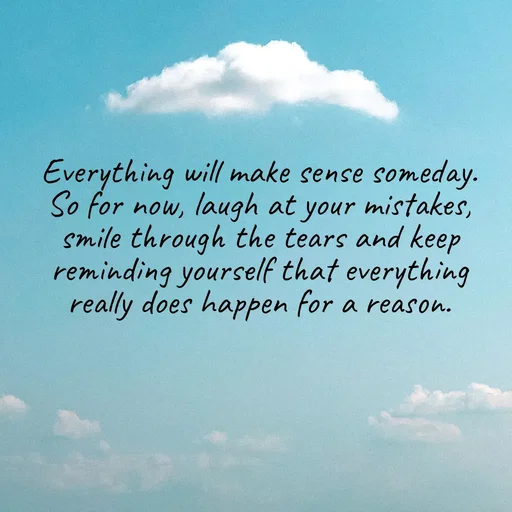 Quote by Meh_Sanhitha - Everything will make sense someday.
So for now, laugh at your mistakes, smile through the tears and keep reminding yourself that everything really does happen for a reason. - Made using Quotes Creator App, Post Maker App