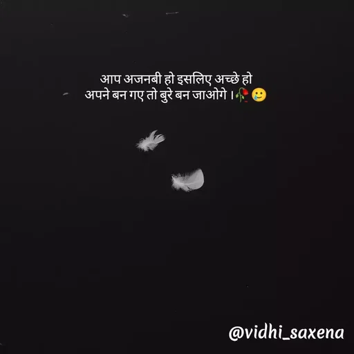 Quote by Vidhi Saxena - आप अजनबी हो इसलिए अच्छे हो
अपने बन गए तो बुरे बन जाओगे ।🥀🥲 - Made using Quotes Creator App, Post Maker App