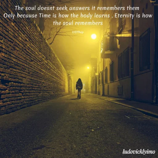 Quote by Ludovick Damian - The soul doesnt seek answers it remembers them 
Only because Time is how the body learns . Eternity is how the soul remembers

EISTfbap - Made using Quotes Creator App, Post Maker App