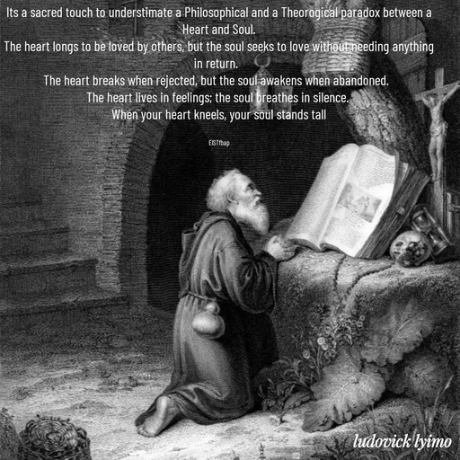 Quote by Ludovick Lyimo - 

Its a sacred touch to understimate a Philosophical and a Theorogical paradox between a Heart and Soul.
The heart longs to be loved by others, but the soul seeks to love without needing anything in return.  
The heart breaks when rejected, but the soul awakens when abandoned.  
The heart lives in feelings; the soul breathes in silence. 
When your heart kneels, your soul stands tall


EISTfbap - Made using Quotes Creator App, Post Maker App