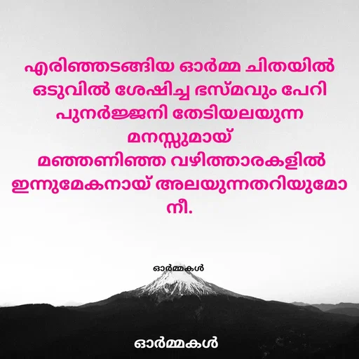 Quote by Ormakal - എരിഞ്ഞടങ്ങിയ ഓർമ്മ ചിതയിൽ
ഒടുവിൽ ശേഷിച്ച ഭസ്മവും പേറി പുനർജ്ജനി തേടിയലയുന്ന മനസ്സുമായ്
 മഞ്ഞണിഞ്ഞ വഴിത്താരകളിൽ
ഇന്നുമേകനായ് അലയുന്നതറിയുമോ നീ.



ഓർമ്മകൾ  - Made using Quotes Creator App, Post Maker App